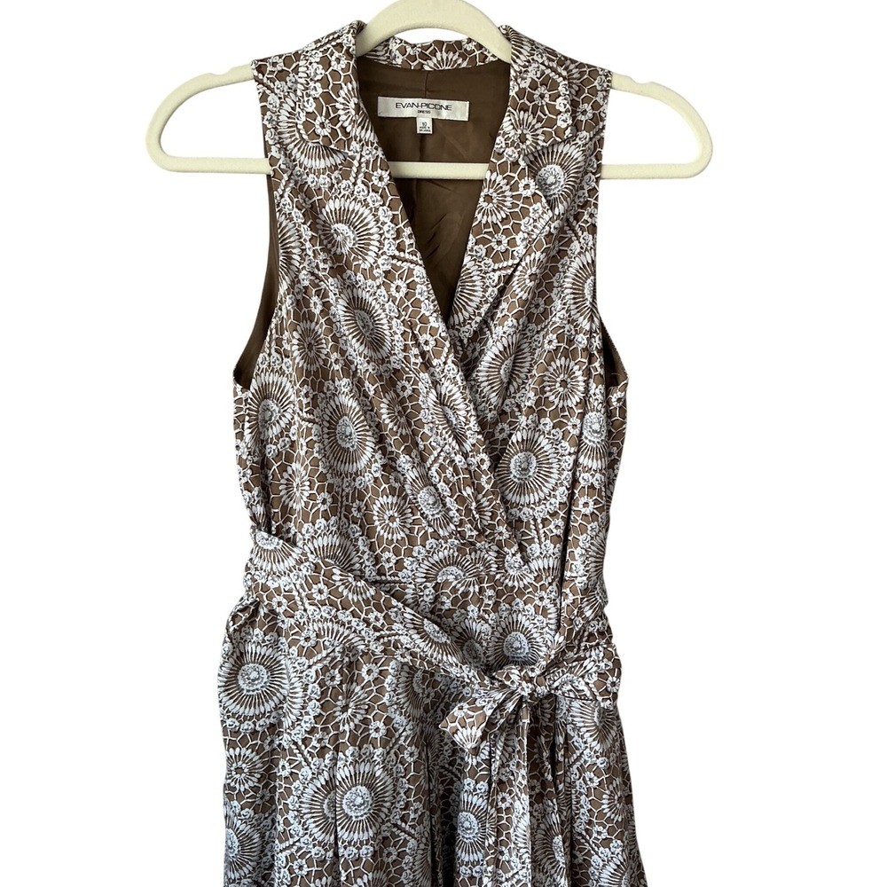 Evan-Picone Brown White Medallion Lace Sleeveless Wrap Dress Belted Size 10 - Picture 3 of 8